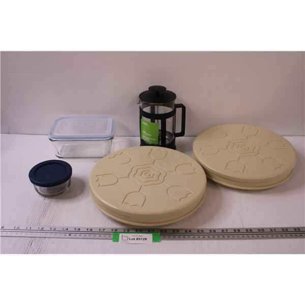 Coffee Press, (2) Plant Rotating Pedestals, (2) Glass Kitchen Food Containers