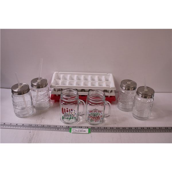 (6) Glass Mug Cups, (3) Ice Cube Trays