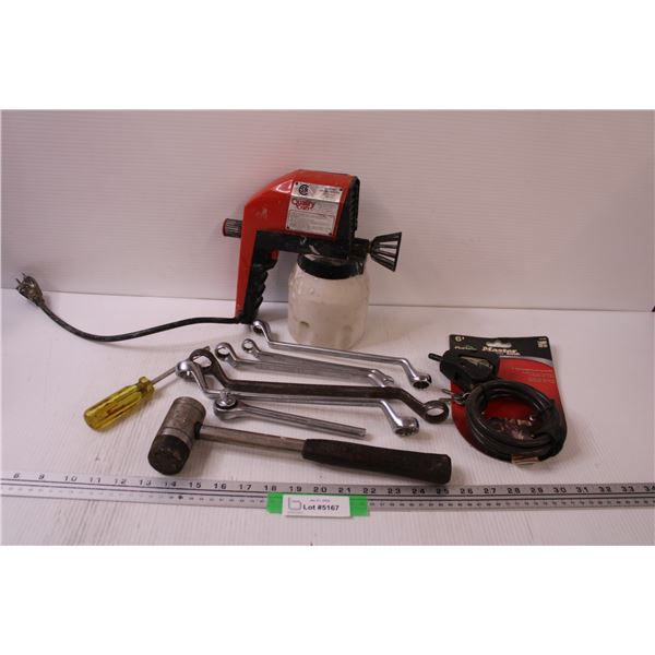 Electric Quality Paint Sprayer (As Is), Various Curved Wrenches, Dead Blow Hammer, Master Lock w/Key