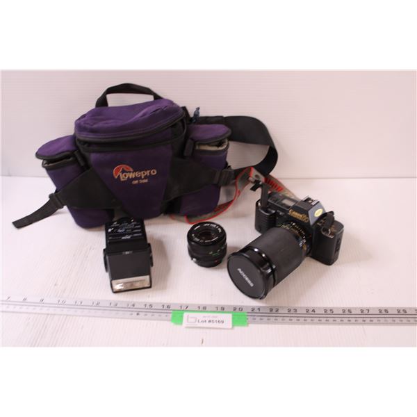 Canon T70 Camera w/Lens & Flash Attachments & Case - As Is