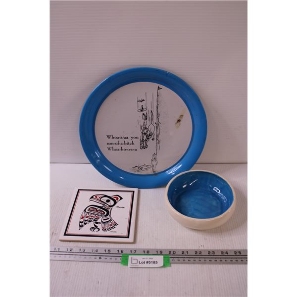 Indigenous Tile Art, Comedic Funny Wall Plate, White & Blue Ceramic Candy Dish