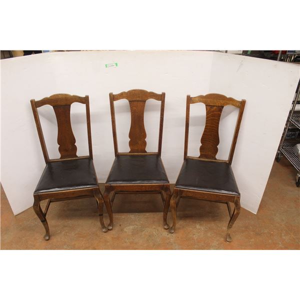 * (3) Antique Queen Anne Style Wood & Leather Bound Seated Dining Chairs - Some Wear As Pictured - 3