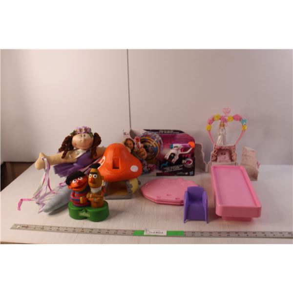 Prima Donna Ballerina Doll, Nerf Rebelle Kit (NIB), Sesame Street Radio (Needs Batteries), Barbie It