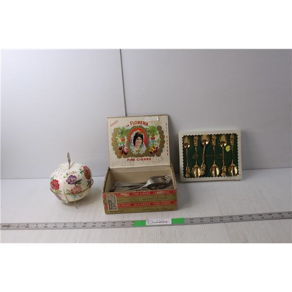 Ceramic Spice Holder, (6) Antiko 24K Gold Spoons, Vintage Forks & La Florena Cigar Case
