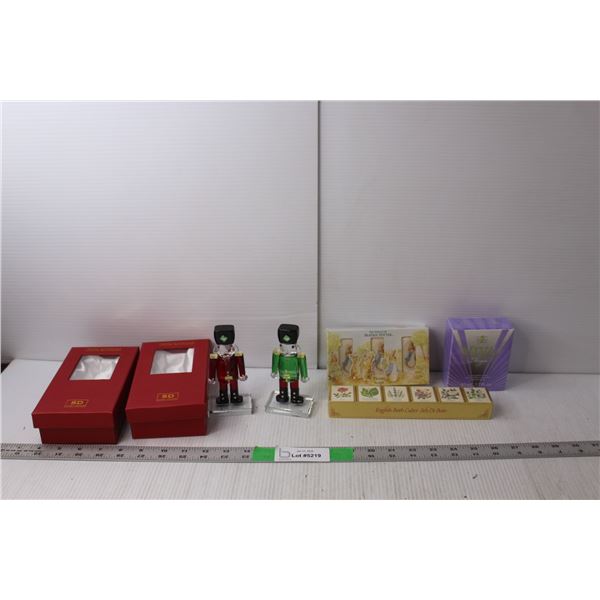 (2) Crystal Nutcrackers, Scented Bar Soaps, Viva Perfume by Fergie (Sealed)