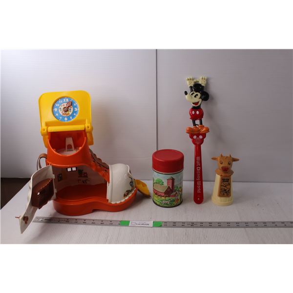 Vintage Thermos, Mickey Mouse Back Scratcher, Matchbox Toy Shoe House, Cow Shaped Creamer