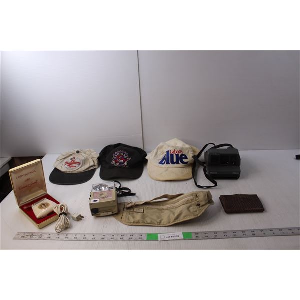 (3) Hats- Labatt's Blue, Toronto Raptors, The Pioneer, Vintage Schick Razor- Powers On, Vintage Koda