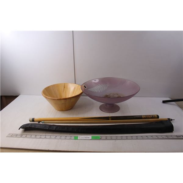 Wooden Ikea Bowl, Glass Bowl 15", 18 oz. Wooden Pool Cue with Case- As Is