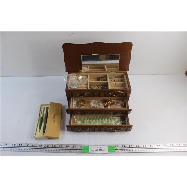 Sheaffer Pens, Wooden Jewelry Box and Assorted Pins