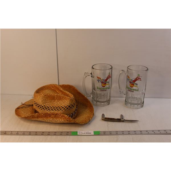 (2) Cancun Glass Mugs 8" Tall, Straw Hat, Pocket Knife