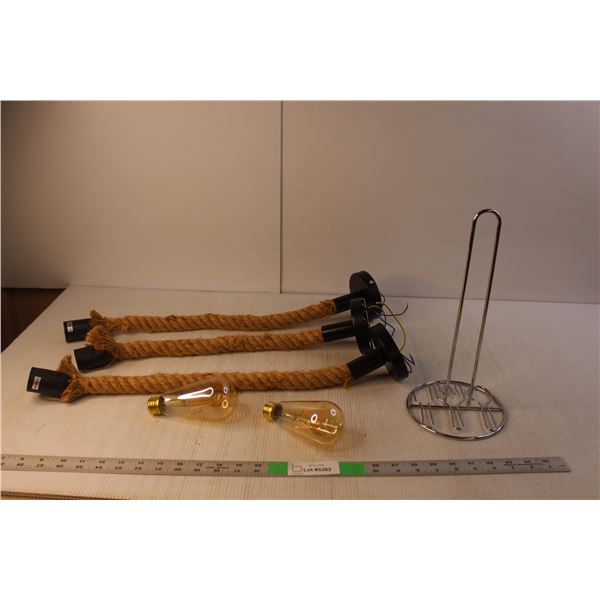 (3) Rope Hanging Light Fixtures, Paper Towel Holder, (2) Noma 4W Bulbs(Tested)