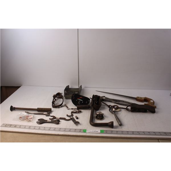 Vintage Tools- Keyhole Saw, Vintage Horse Hobbles, Grain Sample Scoop, Mouse Trap, Misc.