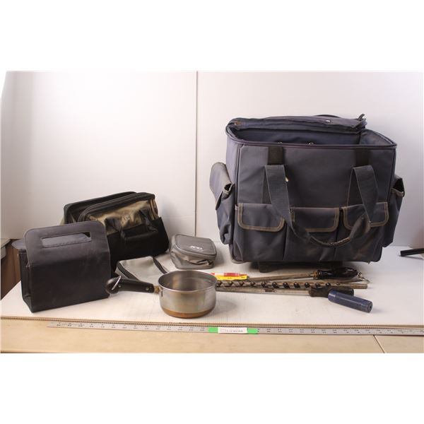 Stainless Steel Pot, (5) Bags, Vintage Tools- Files, Thread Locker, Misc.