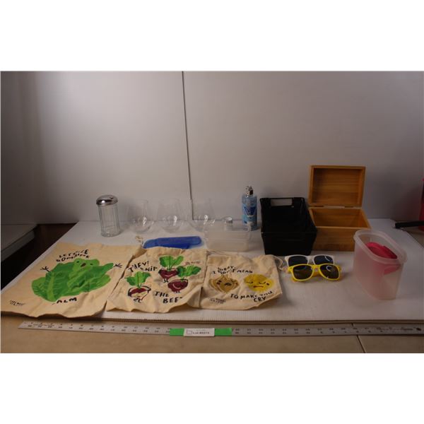 Guess Fragrance Mist, Small Wood Storage Box, (3) Sunglasses, Sugar Shaker, Misc.