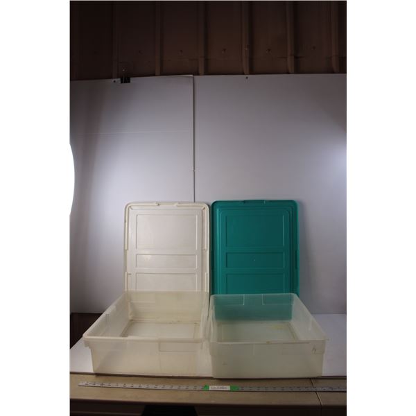 (2) Plastic Storage Totes with Lids Approx. 6" Tall x 23" Long x 16.5" Wide