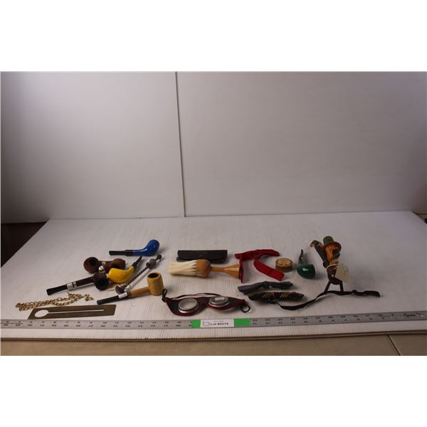 Vintage Lot- (8) Smoking Pipes, Barber Brush, Pilot Play Goggles, Misc.