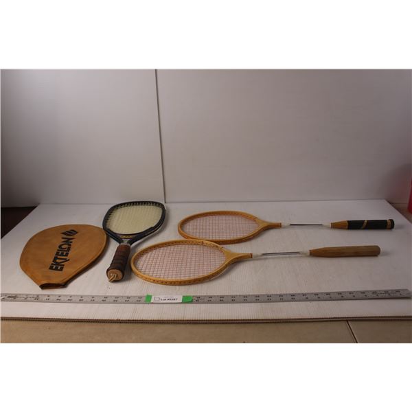 (2) Wooden Badminton Racquets, Ektelon Racquetball Racquet with Case