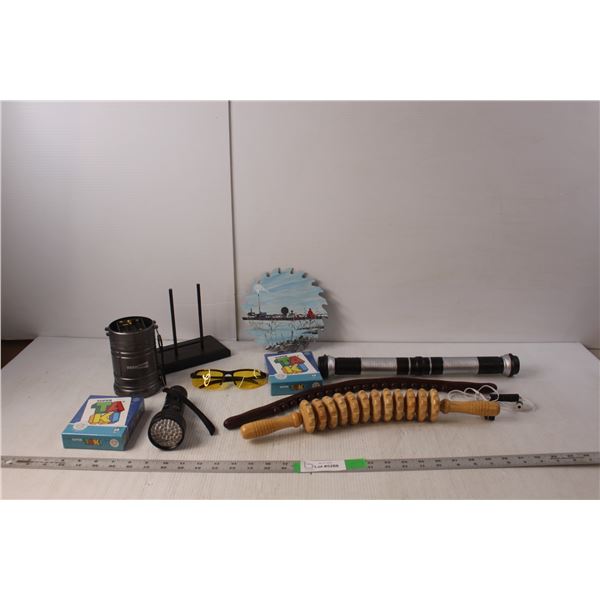 Hand Painted Saw Blade, (2) Back Massagers, (2) Super Taki Card Games, Misc.