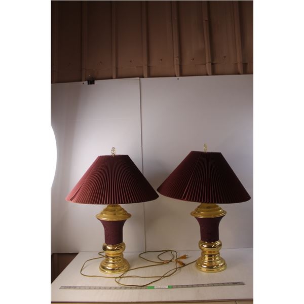 Pair of Gold Colored Lamps with Burgundy Shades, Working