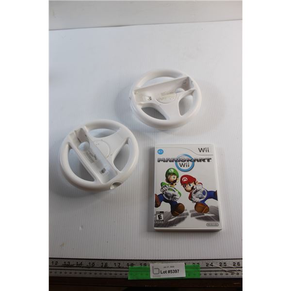 Wii Mario Kart Game and (2) Wii Steering Wheel Controllers - As Is