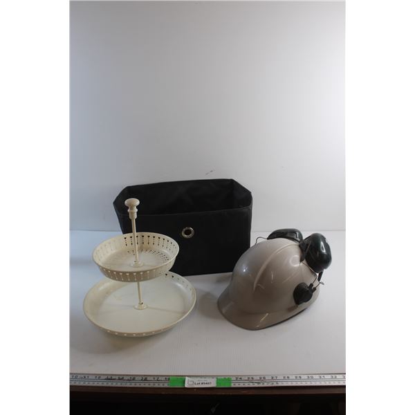 Two Tier Fruit Bowl, Construction Helmet with Noise Cancelling Headphones and Fabric Storage Box