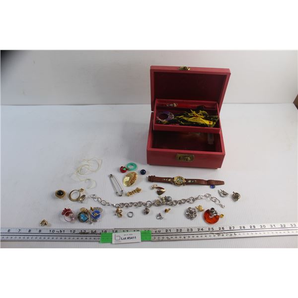Vintage Musical Jewelry Box, Assorted Jewelry, Earrings and Watch