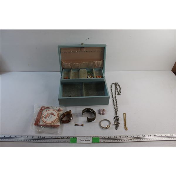Vintage Jewelry Box, Watches, Bracelet, Necklace, Pins and Coasters