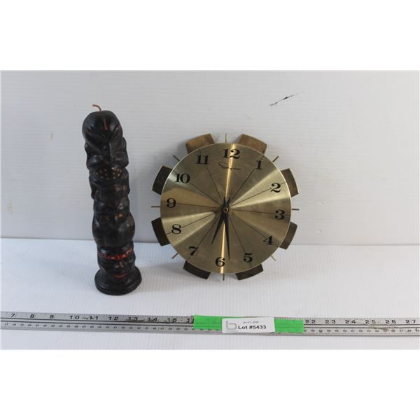 Indigenous Totem Candle and Brass Wall Clock - As Is