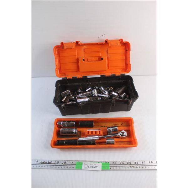 Plastic Tool Box, Sockets and Ratchet Wrench