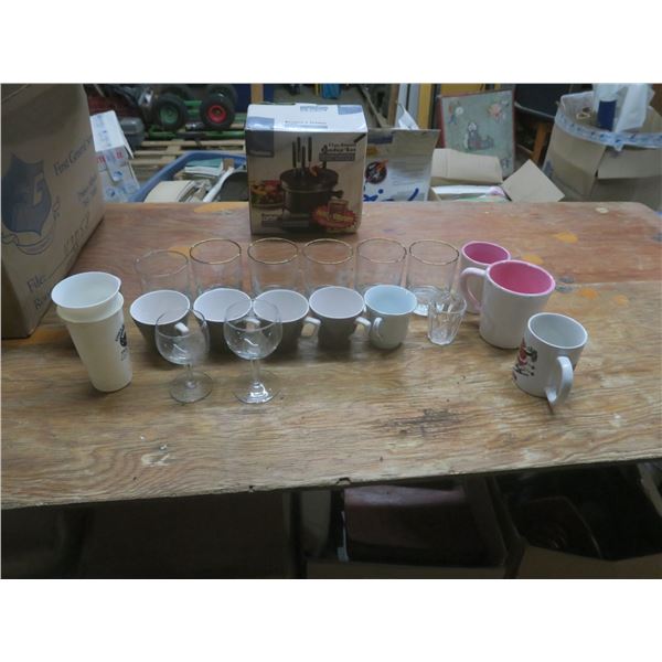 fondue set and coffee mugs and glass cups