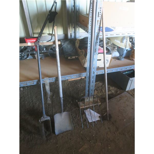 post hole auger, shovel, hoe and pitch fork