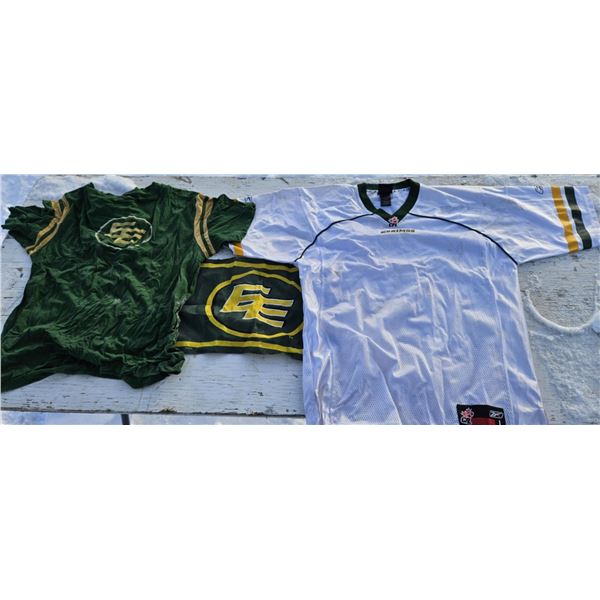 edmonton eskimos jersey, small flag and shirt