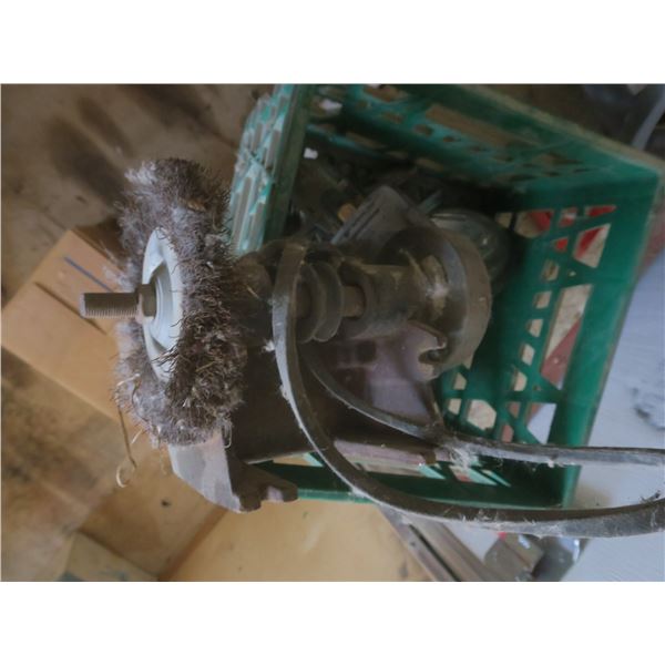 crate with grinder and assorted hardware
