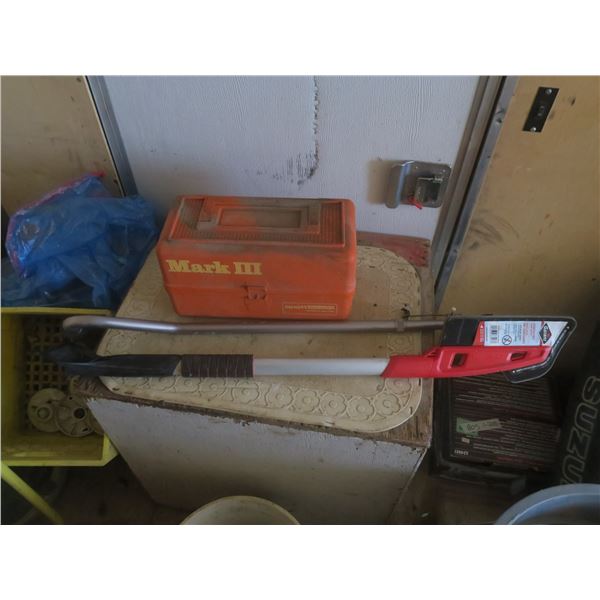 tacklebox, cane , snow brush, chain