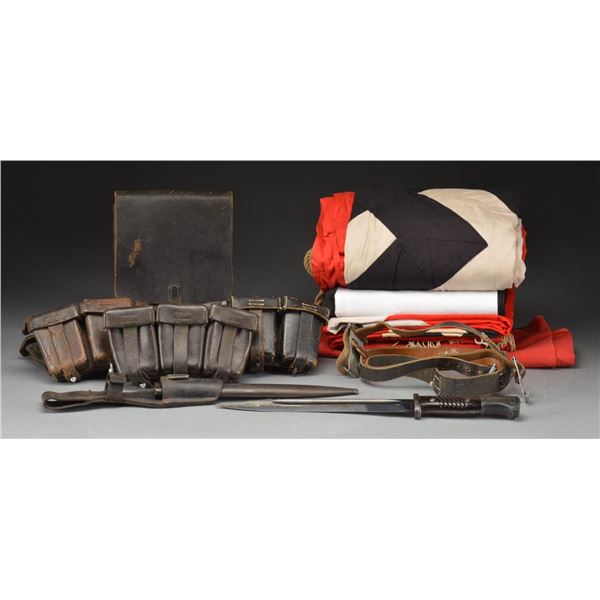GROUP OF WWII GERMAN FLAGS, FIELD GEAR & BAYONET.