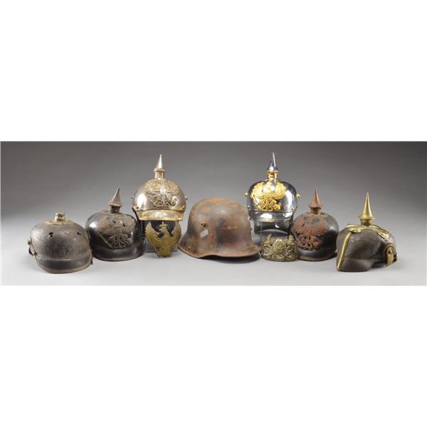 6 WWI SPIKE HELMETS, 1 STAHLHELM HELMET, 2 FRONT