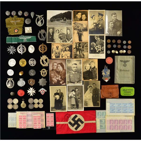 WWII GERMAN BADGES, PINS, CLOTH, COINS, TINNIES