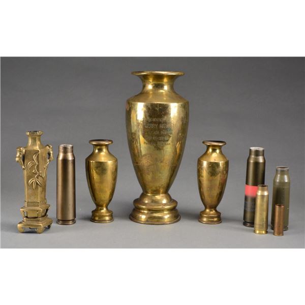 BRASS TRENCH ART, CHINESE VASE & SHELL CASES.
