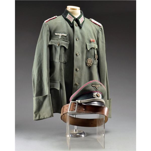 WWII GERMAN TUNIC, VISOR CAP & BELT FOR MAJOR