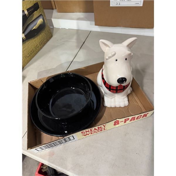 Dog cookie jar, and dishes
