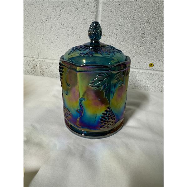 Peacock blue, Indiana glass candy jar grape pattern