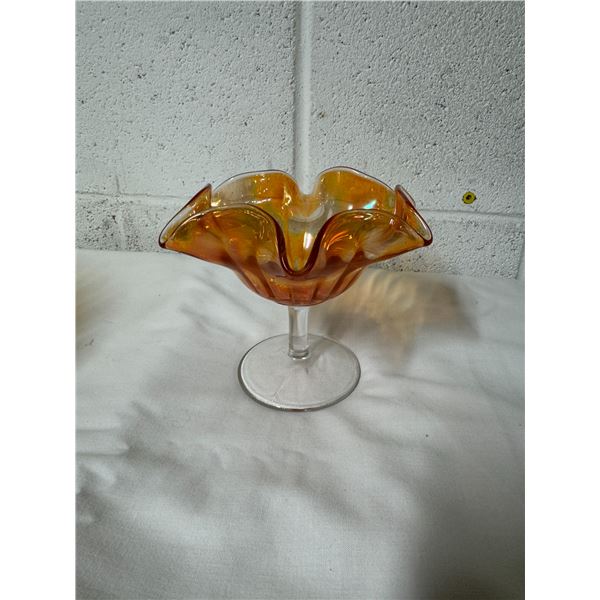 Orange marigold ruffled stemmed compote likely Fenton