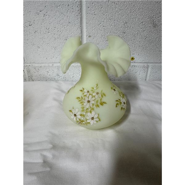 Fenton glass 7 inch opalescent vase handpainted stamped artist E. Thomas.