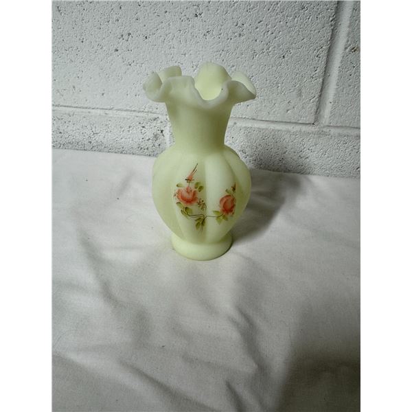 Fenton Glass 5.75 inches opalescent vase hand painted/stamped artist Amy S