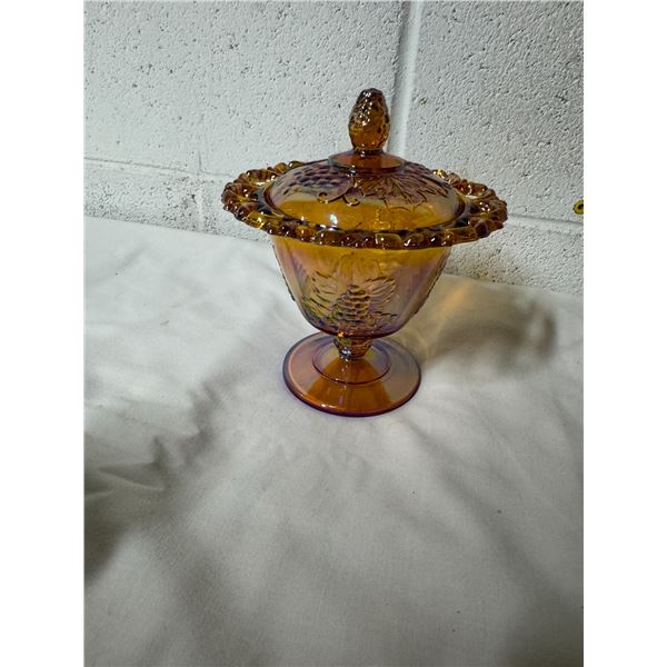 Indiana glass Amber gold carnival Lace, limited stemmed dish