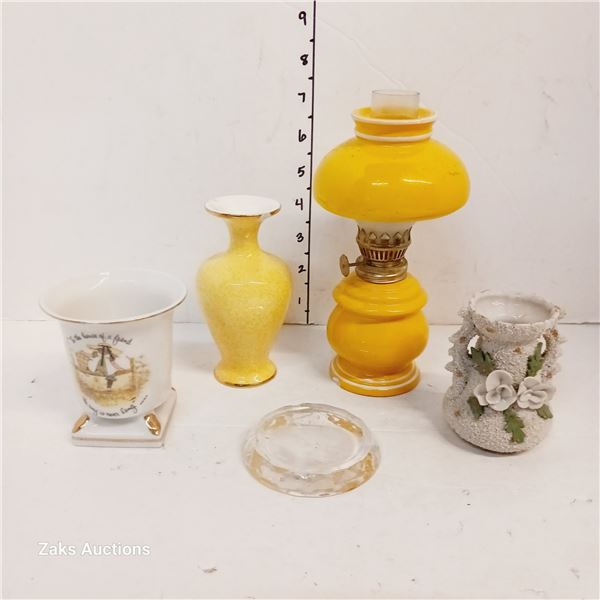 Vintage Lot of Decor *15" Canary Yellow Glass Oil Lamp