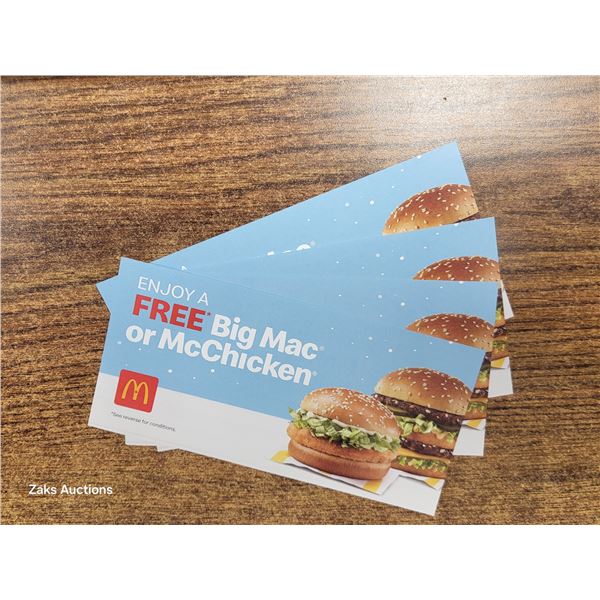 Lot of 4 McDonalds FREE Big Mac or McChicken Sandwich - Expires Feb 28 2025