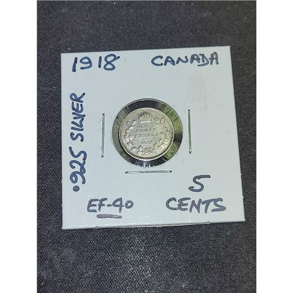 1918 Canada King George V 5 Cent .925 Silver Coin