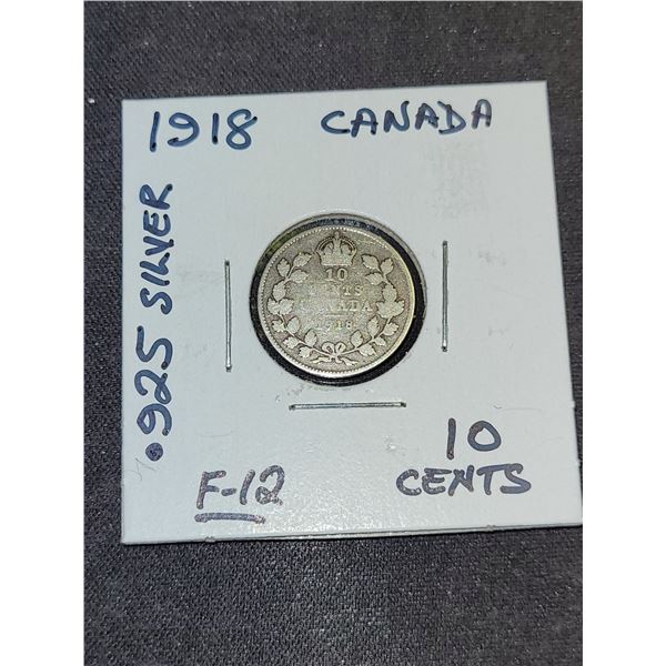 1918 Canada King George V 10 Cent .925 Silver Coin