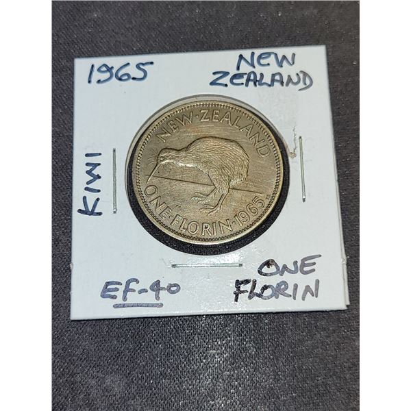 1965 New Zealand Queen Elizabeth II Kiwi One Florin Coin. EF-40